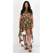 Black and Gold Ruffle High-Low Asynmetrical Dress